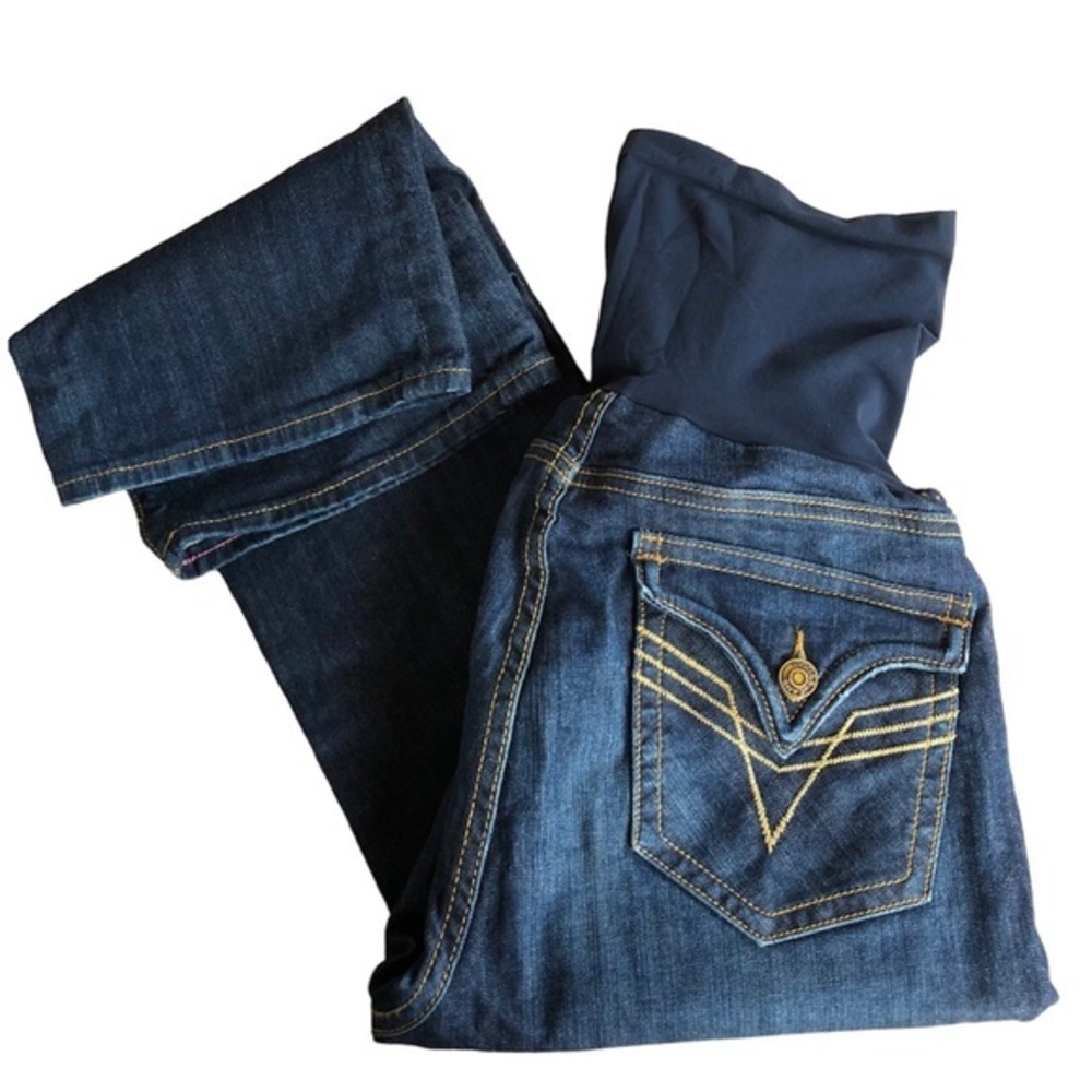 Vigoss Fir Pea in the Pod Fit Bootcut Dark Wash Yellow Stitch Maternity Jeans 30